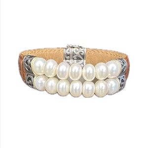 Honora double pearl bracelet with brown leather